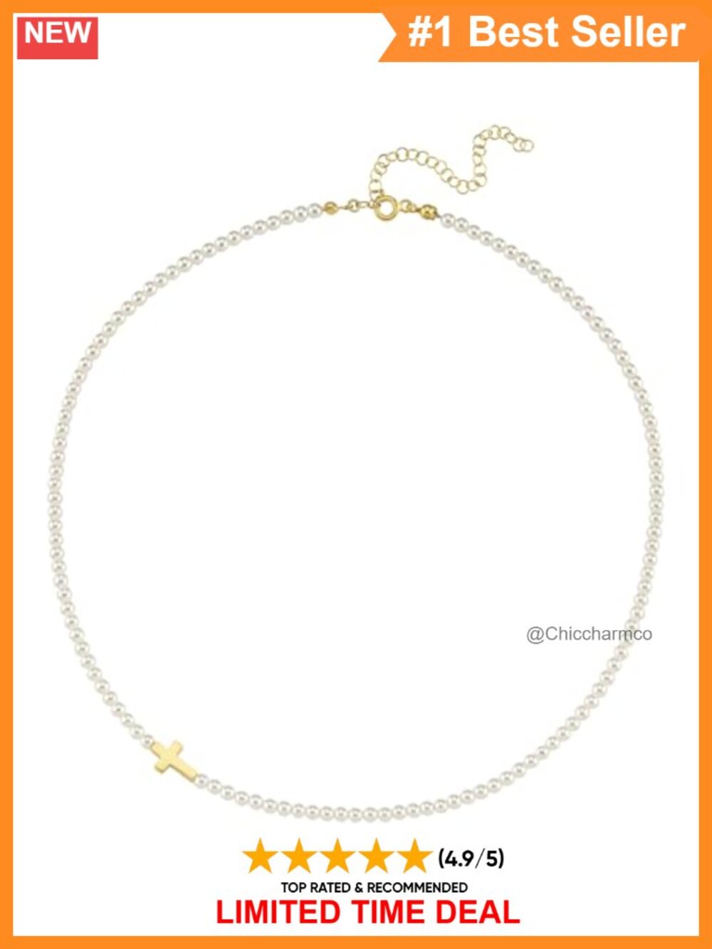18K Gold Vermeil Sideways Cross Pearl Necklace Adjustable Faith Gift for Her